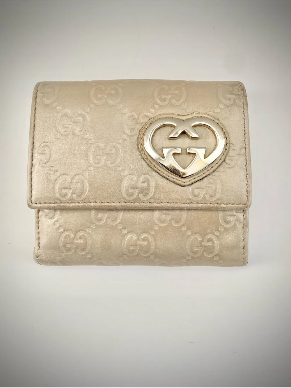 Gucci Cream Embossed GG Heart Logo Compact Wallet